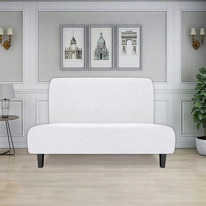 Easy-Going Stretch Futon Slipcover Armless Futon Bed Cover Furniture Protector Without Armrests with Elastic Bottom for Kids, Soft Jacquard Fabric Small Checks (Medium, Snow White)