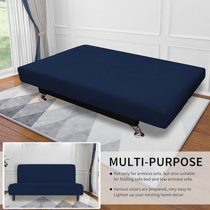 Easy-Going Stretch Futon Slipcover Armless Futon Bed Cover Furniture Protector Without Armrests with Elastic Bottom for Kids, Soft Jacquard Fabric Small Checks (Medium, Navy)