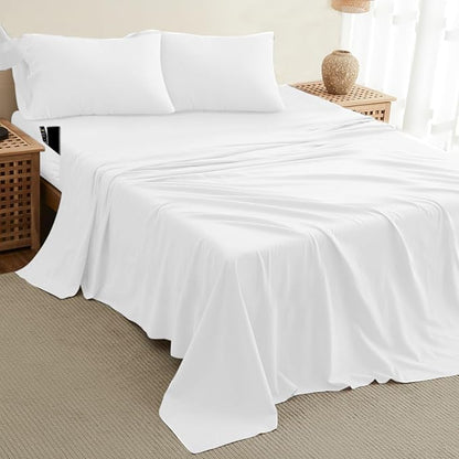 DREAMCARE King Size Sheets Set – 4 pcs Cooling Sheets – up to 21” Deep Pocket King Sheet Set – Hotel Luxury Sheets & Pillowcases – Superior Softness 100% Fine Microfiber with Side Pocket – White