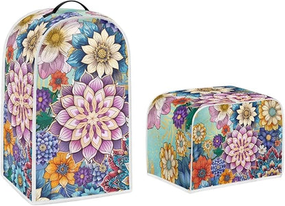 Bright Blossom Flower Toaster Cover 2 Slice，Boho Hippie Floral Kitchen Blender Dust Cover 2 Pcs Small Appliance Dust Cover Anti Fingerprint and Oil Proof Cover-S