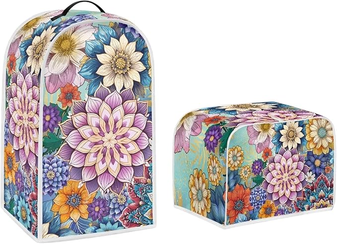 Bright Blossom Flower Toaster Cover 2 Slice，Boho Hippie Floral Kitchen Blender Dust Cover 2 Pcs Small Appliance Dust Cover Anti Fingerprint and Oil Proof Cover-L