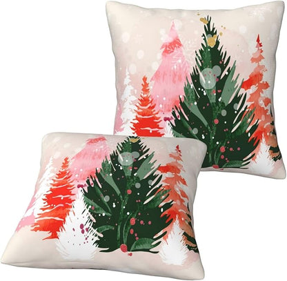 bassyil Christmas Tree Watercolor Throw Pillow Covers Decorative Linen Pillow Cases Set of 2 Square Cushion Cover for Couch Sofa Bedroom Patio 18x18 Inch