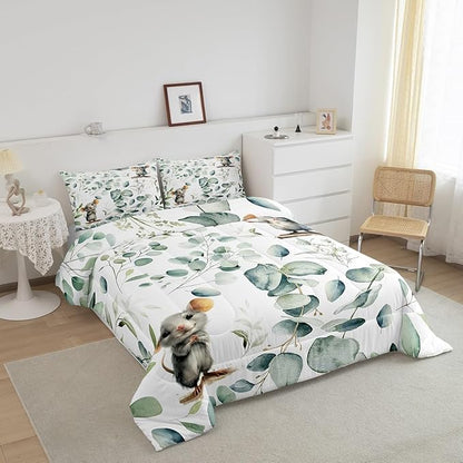 Erosebridal Kids Cute Animal Toddler Comforter Set for Girls Boys Cartoon Mouse Bedding Set, Spring Eucalyptus Bedding Comforter Sets Watercolor Leaves Duvet Set, Kawaii Animal Mice Quilted Comforter