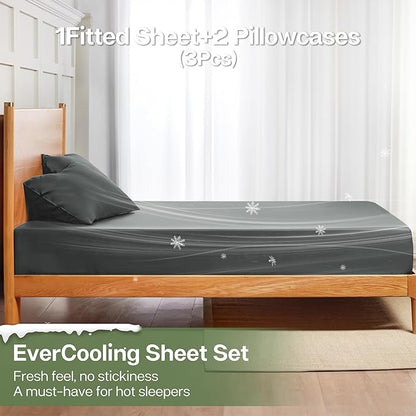 MR&HM Fitted Sheet & Pillowcase Set Queen, 3-Piece Blend Rayon Derived from Bamboo, Silky Soft & Breathable, 15" Deep Pocket with Elastic Straps, Cooling Sheets for Hot Sleepers, Dark Grey