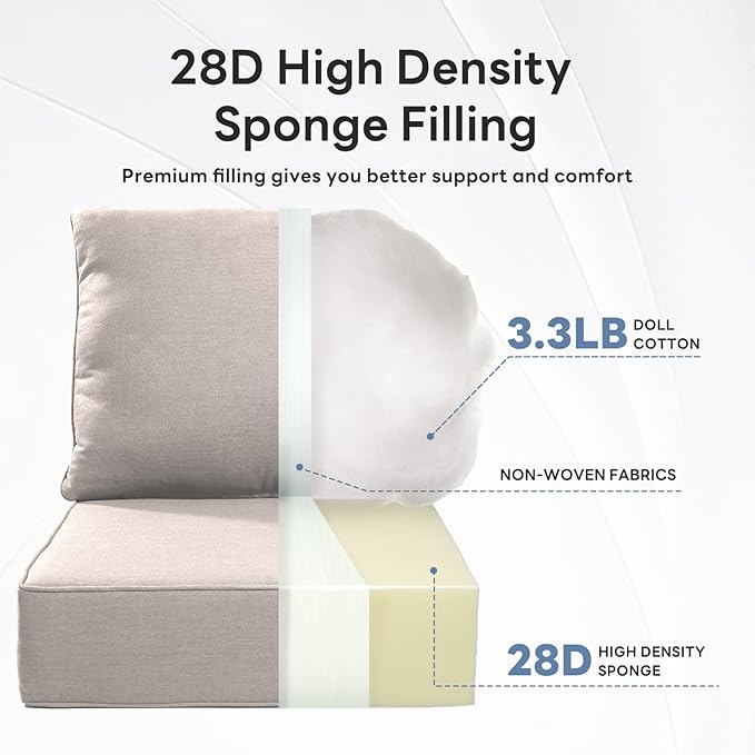 6" Thicker Outdoor Chair Cushion 7 Sets - 24" *24" *6" Waterproof Patio Furniture Cushions with Removable Cover, 28D High Density Sponge Filling Thicken Outdoor Patio Cushions - Beige
