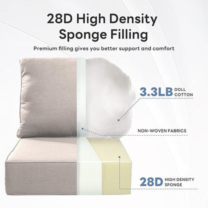 6" Thicker Outdoor Chair Cushion 6 Sets - 24" *24" *6" Waterproof Patio Furniture Cushions with Removable Cover, 28D High Density Sponge Filling Thicken Outdoor Patio Cushions - Beige