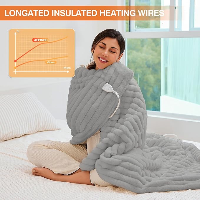 Heated Electric Blanket Throw: 6-Level Fast Heating, 4-Hour Auto-Off, Soft&Warm Stripe Faux Rabbit Fur, for Couch Home Office, with Overheating Protection & ETL Certified(50 x 60,Gray)