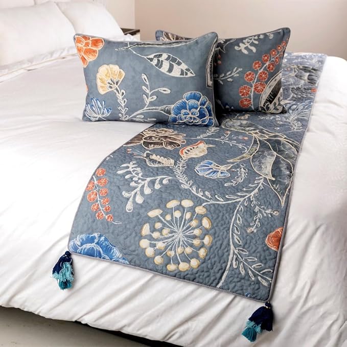 The HomeCentric Blue Bed Runner, King Size 90"x18" Decorative Bed Runner with 2 Matching Pillow Cover, Blue Linen Bed Scarf in Quilted Peacock, Linen & Jute Embroidery - Peacock Willow