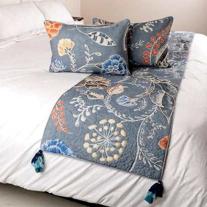 The HomeCentric Blue Bed Runner, CA King Size 86"x18" Decorative Bed Runner with Matching Pillow Cover, Blue Linen Bed Scarf in Quilted Peacock, Linen & Jute Embroidery - Peacock Willow