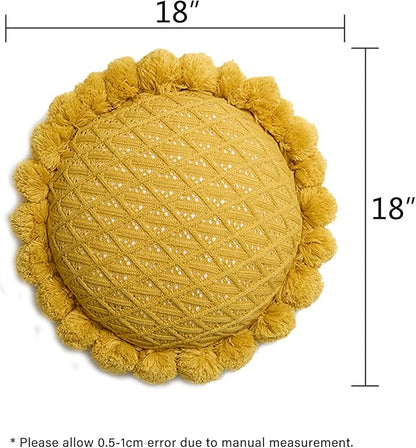 Acrylic Knitted Round Throw Pillow Knitting Bohemian Circular Cushion Pillow with Knit Handmade Pompoms Decorative Ginger Yellow, Diameter 18inches