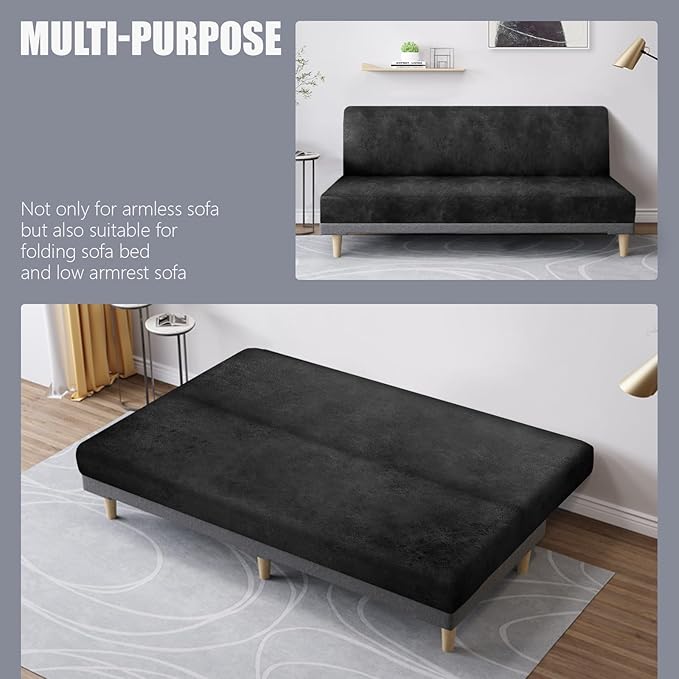 molasofa Leather Like Stretch Futon Slipcover Armless Futon Bed Sofa Cover Furniture Protector with Elastic Bottom, Soft and Washable Futon Cover for Sofa Bed Stay in Place（X Larger，Dark Grey）