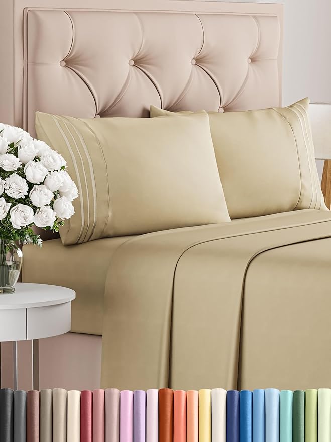 Cal King Size 4 Piece Sheet Set - Comfy Breathable & Cooling Bed Sheets Set - Hotel Luxury Bedding for Women, Men, Kids, Teens, Boys & Girls - Deep Pockets, Ultra-Soft, Wrinkle Free - Oeko-Tex - Beige
