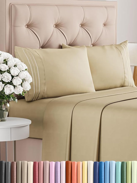 King Size 4 Piece Sheet Set - Comfy Breathable & Cooling Bed Sheets Set - Hotel Luxury Bedding for Women, Men, Kids, Teens, Boys & Girls - Deep Pockets, Ultra-Soft and Wrinkle Free - Oeko-Tex - Beige