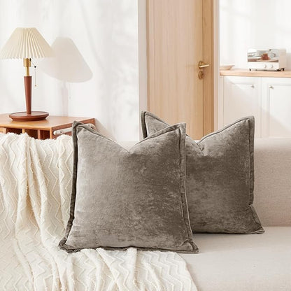 Luxurious Velvet Euro Shams Decorative Throw Pillow Covers 26x26 Set of 2 Solid Square Euro Pillow Shams for Sofa Couch Bedroom, Brown