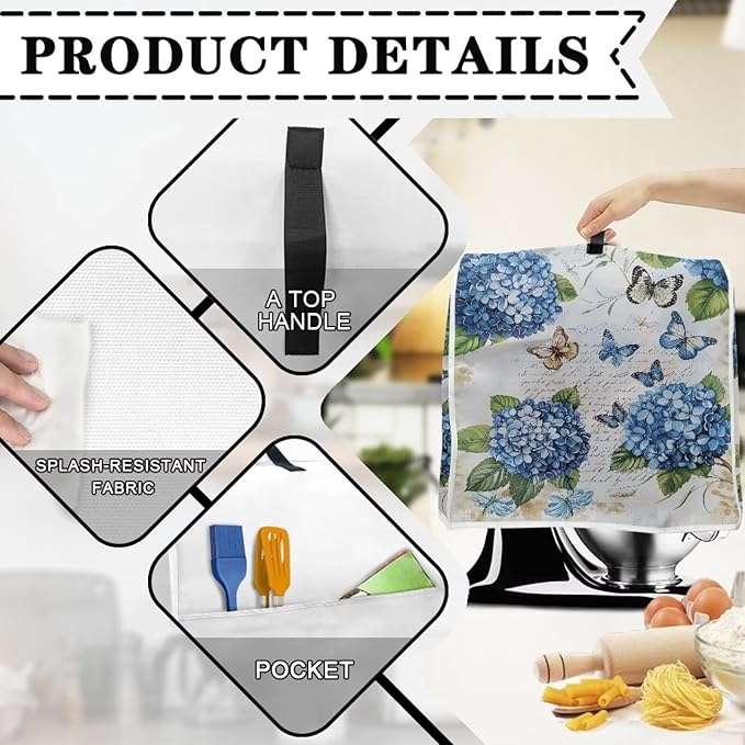 Butterfly Stand Mixer Cover 4.5-5 Quart Hydrangea Floral Kitchen Appliance Dust Cover Universal for Air Fryers, Coffee Makers Pressure Cooker Mixer Parts & Accessories