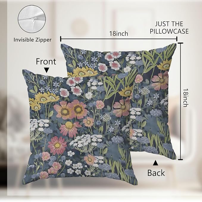 Blue Boho Floral Pillow Covers 18x18 - Vintage Bohemian Decorative Throw Pillow Covers Pillowcases for Living Room Bedroom, Floral Outdoor Pillow Covers, Cottagecore Room Decor (Double-Sided)