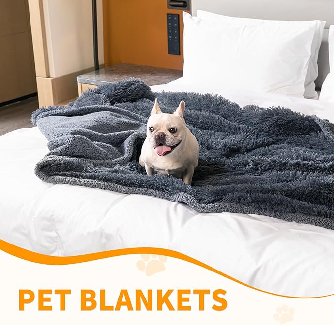 Waterproof Gray Pet Blanket for Dogs Fluffy Long Faux Fur Pets Throw Blankets for Large Dog Cat Puppy Couch Cover Love Bed Protector Mat Washable(Grey,L-65X57in)