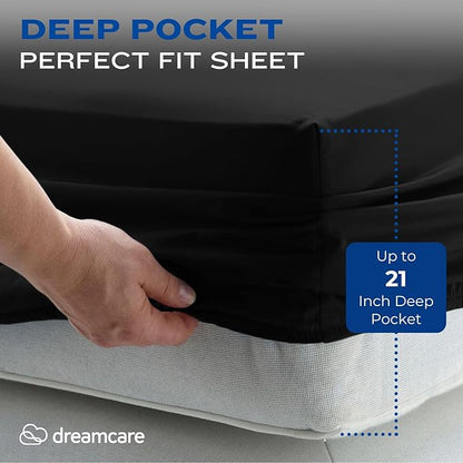 DREAMCARE California King Sheet Sets – 4 pcs Cooling Sheets – up to 21” Deep Cal King Sheets – Hotel Luxury Pillowcases – Superior Softness 100% Fine Microfiber with Side Pocket – Black