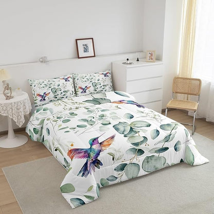 Erosebridal Cartoon Hummingbird Queen Bedding Sets Toddler Wildlife Bird Comforter Set, Plant Down Comforter Eucalyptus Leaf Bedding Comforter Sets, Jungle Animal Theme Duvet Insert Kids Room Decor