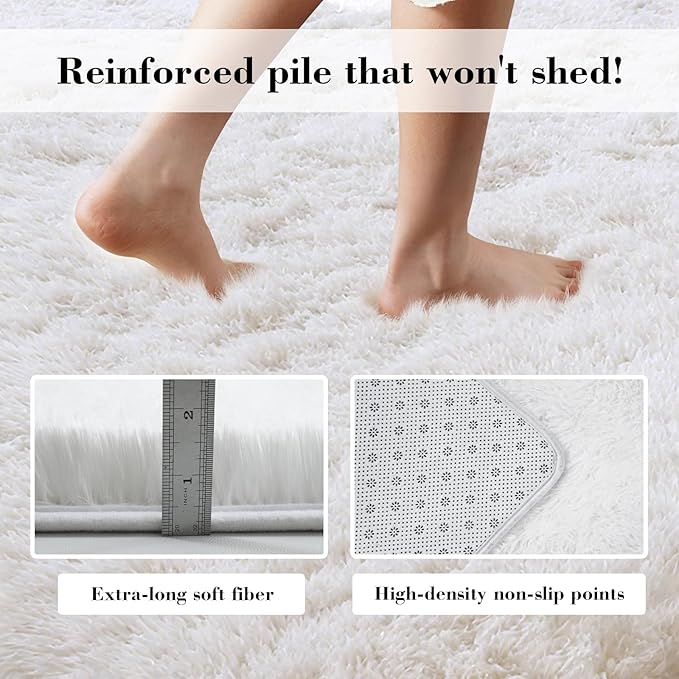 Fluffy Rug Shaggy Area Rug, White 9x12 Area Rugs for Living Room, Large Shag Area Rugs for Bedroom Kids Room Home Decor, Upgrade Anti-Skid Rectangular Fuzzy Rugs
