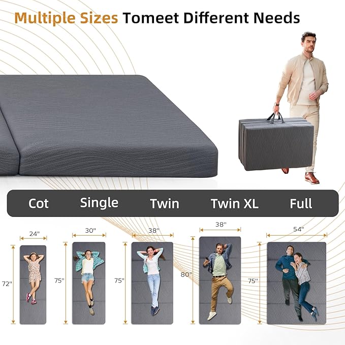 Foldable Memory Foam Mattress - 3 Inch Single Waterproof Collapsible Mattress with Washable Cover, Portable Guest Bed Pad, Sleeping Mat for Travel RV Camping Yoga, Non-Slip Bottom,75"x30"x3"