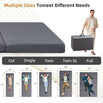 Foldable Memory Foam Mattress - 3 Inch Twin Waterproof Collapsible Mattress with Washable Cover, Portable Guest Bed Pad, Sleeping Mat for Travel RV Camping Yoga, Non-Slip Bottom,75"x38"x3"