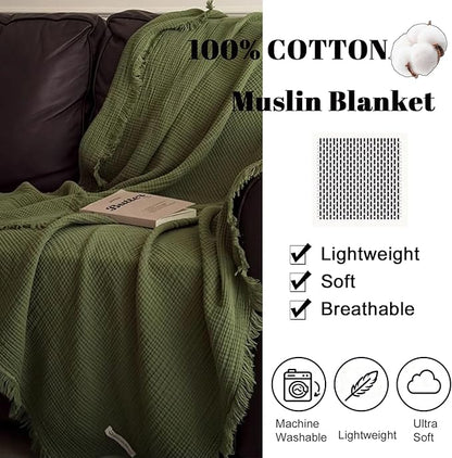 MorroMorn 100% Cotton Muslin Blanket with Fringes Twin Size 60"x80", 4-Layer Gauze Blankets for Adults, Boho Bedding Breathable Lightweight Ultra-Soft for Couch Bed All Seasons, Olive Green