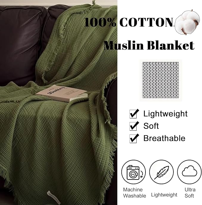 MorroMorn 100% Cotton Muslin Throw Blanket with Fringes 50"x60", 4-Layer Cotton Gauze Blankets for Adults, Boho Bedding Breathable Lightweight Ultra-Soft for Couch Bed Sofa All Seasons, Olive Green