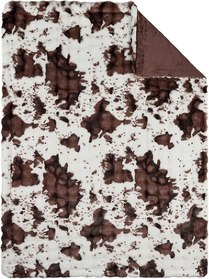 Lotus Karen Faux Fur Throw Blanket Cow Print-Dark Brown, Fluffy Fuzzy Plush Bubble Blanket for Couch, 108x90 Inches Cozy Shaggy Rabbit Blanket, Luxury Decorative Gifts for Sofa Bedroom Living Room.