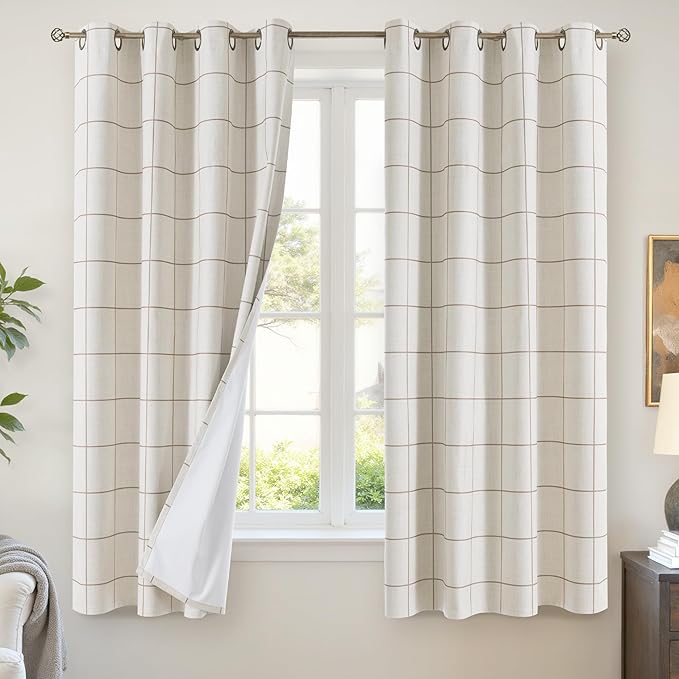 Brown Plaid Linen Blackout Curtains for Bedroom - Boho Style Curtains Thermal Insulated, Pattern Printed Rustic Drapes Cottage Window Treatments for Farmhouse, 52x63 Inch 2 Panels