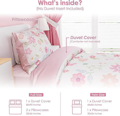 SANDJEST Floral Duvet Cover Sets Twin Size for Kids Girls, Include 1 Polyester Comforter Cover 68x86 Inches and 1 Pillowcase 20x26 Inches, Comforter Not Included, Gift for Christmas Birthday