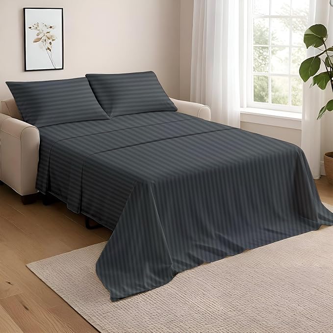 NON Sticky cotton Twin Size Sleeper Sofa Sheets, 4 Piece Egyptian Cotton Bed Sheet Set for Sofa Bed, 7" Deep Pocket for Pull Out Couch Mattress, 39" x 75", Dark Grey Stripe, Soft & Breathable