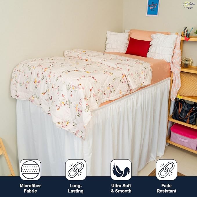 Cottington Lane Extra Long Ruffled College Dorm Bed Skirt 42 Inch Drop, Premium Hotel Collection Brushed Mircofiber Twin XL Dust Ruffle Raised Dorm Room Essentials and Decor, White Solid