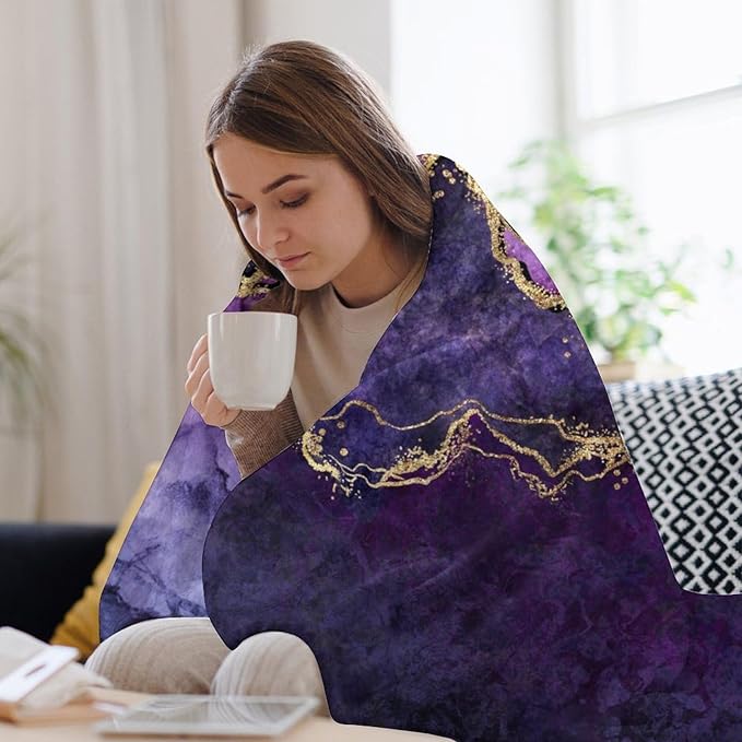 Modern Marble Blanket, Abstract Luxury Baroque Art Golden Purple Stone Veins Pattern Soft Warm Cozy Plush Flannel Covers for Livingroom Bedroom Couch Chair Camping Travel Home Decor Tapestry 60x80in