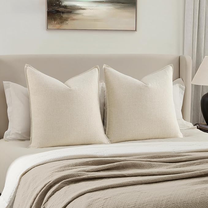MIULEE Decorative Euro Sham Pillow Covers 24x24, 2 Pack Large Boho Farmhouse Neutral Throw Pillows for Bed, Thick Textured Modern Linen Cushion Cases Couch Sofa Living Room Home Decor, Cream White