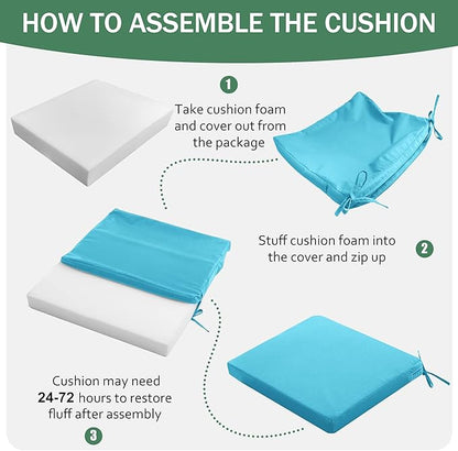 Outdoor Chair Cushions Set of 2: Waterproof & Fade Resistant Deep Seat Cushion for Patio Furniture - 24 x 24 x 3 Inch Chair Pads with Ties and Hidden Zipper - Patio Chair Cushion Replacement, Teal