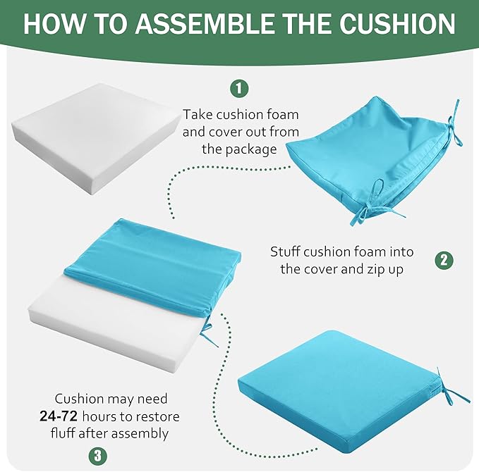 Outdoor Chair Cushions Set of 2: Waterproof & Fade Resistant Seat Cushion for Patio Furniture - 19 x 19 x 2 Inch Chair Pads with Ties and Hidden Zipper - Patio Chair Cushion Replacement, Teal