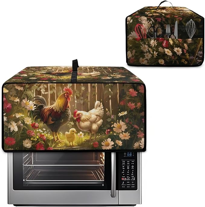 Air Fryer Toaster Oven Dust Cover with Side Pockets, Protective Countertop Microwave Oven Cover for Home Indoor Decor, L, 18.5 x 22.5 x 13 Inches, Rooster Chicken Daisy Print