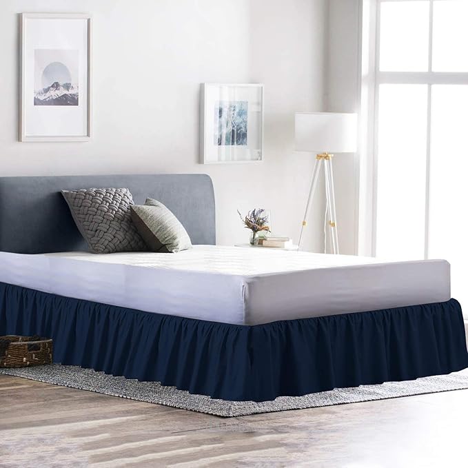 Ruffled Bed Skirt (King, Navy Blue Color) 12 Inch Drop Dust Ruffle with Platform, 100% Cotton 800 Thread Count Fabric - Dust Ruffle Bedskirt for Easy Fitting and Easy Care