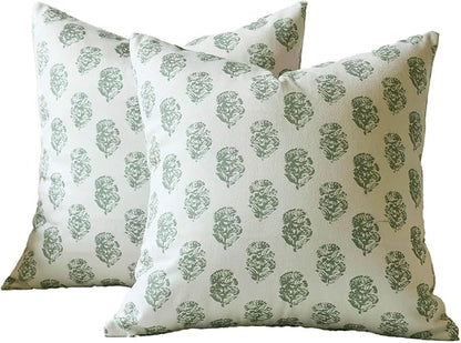 DOMVITUS Set of 2 Floral Pillow Covers 18x18, Block Print Pillow Covers Vintage Neutral Decorative Farmhouse Throw Pillow Covers for Couch Bed Living Room Sage Green