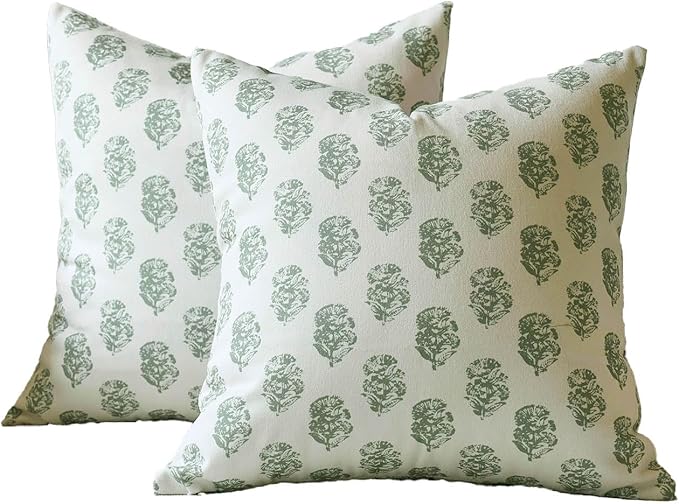 DOMVITUS Set of 2 Floral Pillow Covers 24x24, Block Print Pillow Covers Vintage Neutral Decorative Farmhouse Throw Pillow Covers for Couch Bed Living Room Sage Green