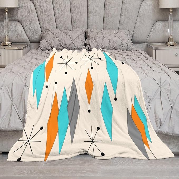 Mid Century Flannel Throw Blankets, Mid Century Modern Geometric Atomic Shapes Orange Retro Style Boho Print Blanket for Bed Couch Sofa Fuzzy Tv Throws 50"x60"