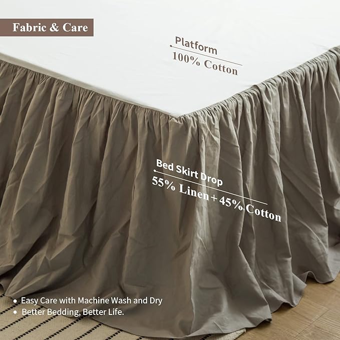 BISELINA French Linen Bed Skirt with Pleated Frills 22-Inch Tailored Drop Natural Flax Cotton Blend Dust Ruffle Soft Cozy Farmhouse Bedding (22" Twin, Grey)