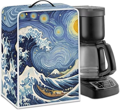Starry Night Great Wave Print Coffee Maker Covers With Top Handle Folding Coffee Machine Dust Covers For Blender Mixer Juice Machine Keep Office Home Kitchen Clean