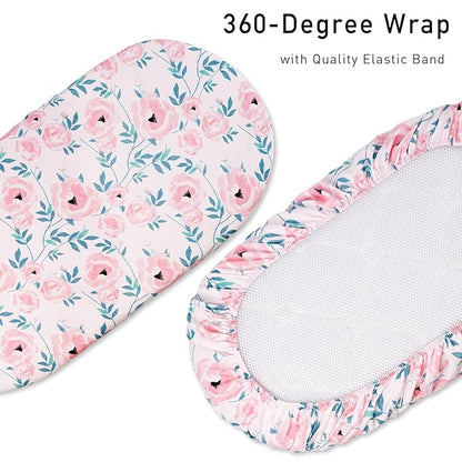 Gllquen Baby Bassinet Sheets Set 2-Pack, Breathable Cozy Bassinet Fitted Sheet Universal Fit Standard Mattress Oval Rectangle Cradle Baby Sheets for Baby Boy Girls Unisex 32"x16" (Pink Flower)