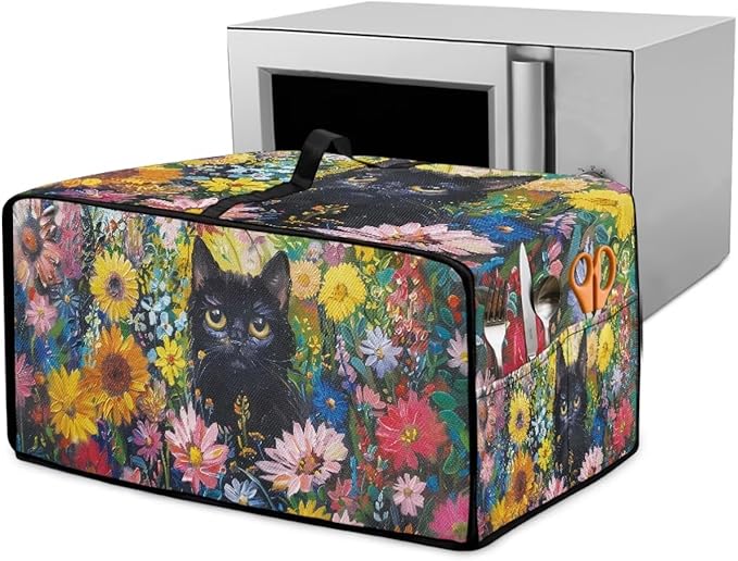 Microwave Oven Dust Cover Heavy Duty Microwave Oven Cover Waterproof Dust-Proof Kitchen Machine Covers Case Protections for Toaster Oven, Oil Painting Cat Sunflower Daisy Print, L