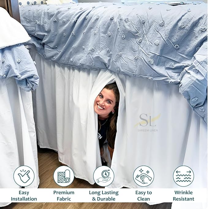 Shreem Linen Dorm Room Bed Skirt Twin XL 40 Inch Drop, 100% Microfiber Extra Long Bedskirt, White