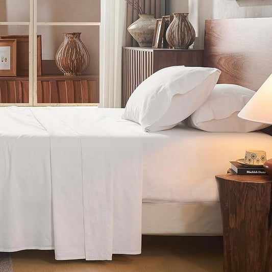 100% Linen Sheet Set Queen Size Extra Deep Pocket Fits 18-24 Inch Mattress, Breathable & Soft, Smooth 4-Piece Set for Thick Mattresses Hotel Luxury Bedding（Queen, White）