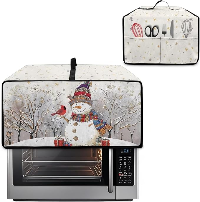 Christmas Air Fryer Toaster Oven Dust Cover Dustproof Convection Oven Cover with Pockets for Small Kitchen Appliances, M, 16.5 x 20.5 x 10 Inches, Snowman Cardinal Bird Tree Star White
