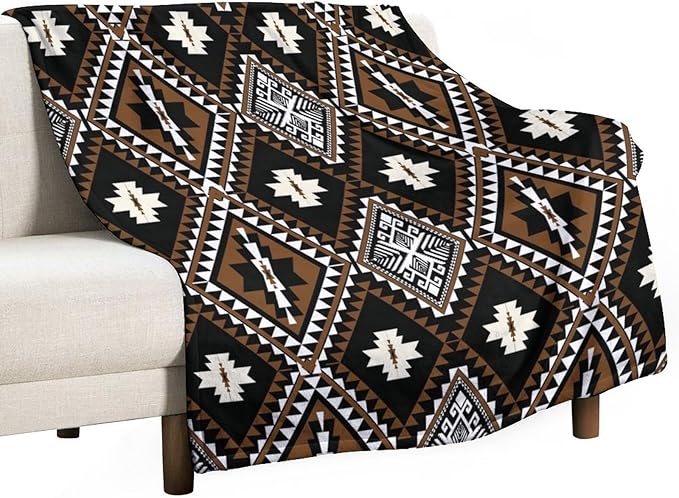 Rustic Western Throw Blanket, Southwestern Bohemian Ethnic Style Native Aztec Pattern Flannel Blanket for Sofa Bed, All Seasons 40"x50"